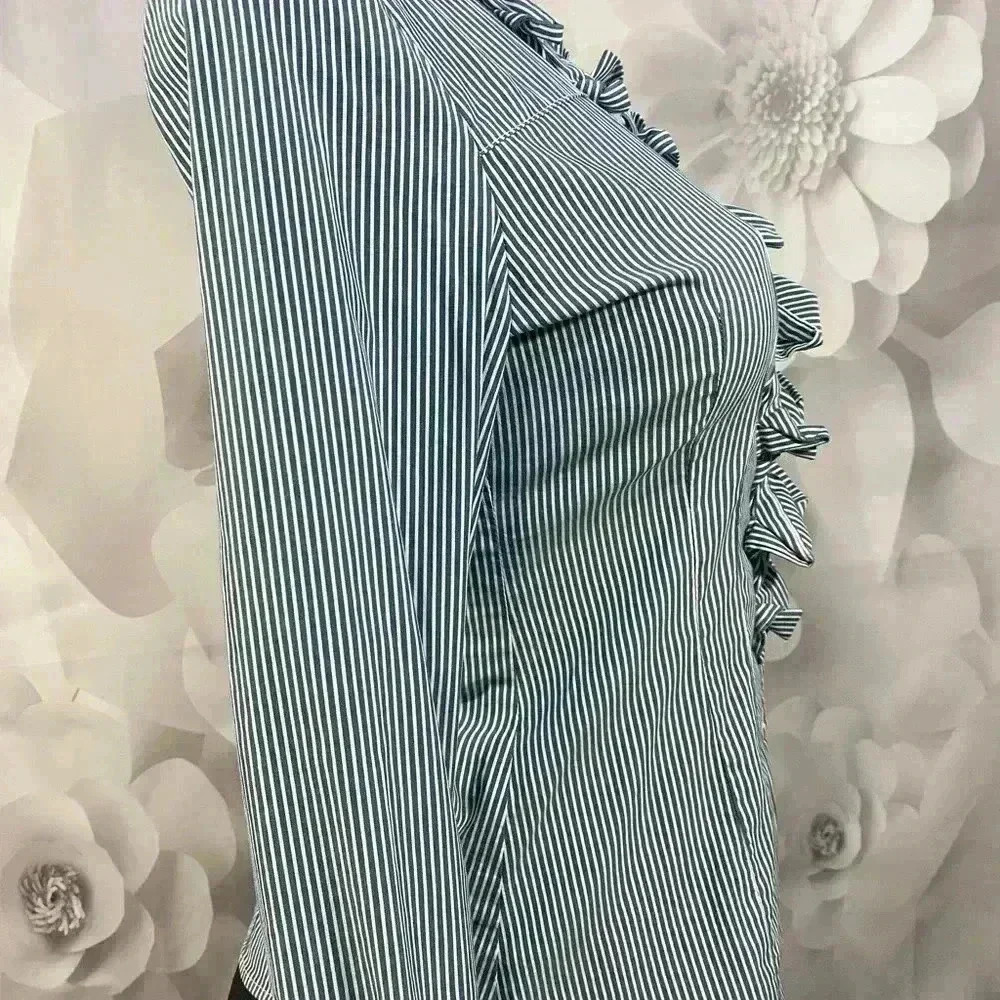Express Design Studio Womens Size XS Blue‎ & White Striped Ruffled Blouse - Picture 3 of 9